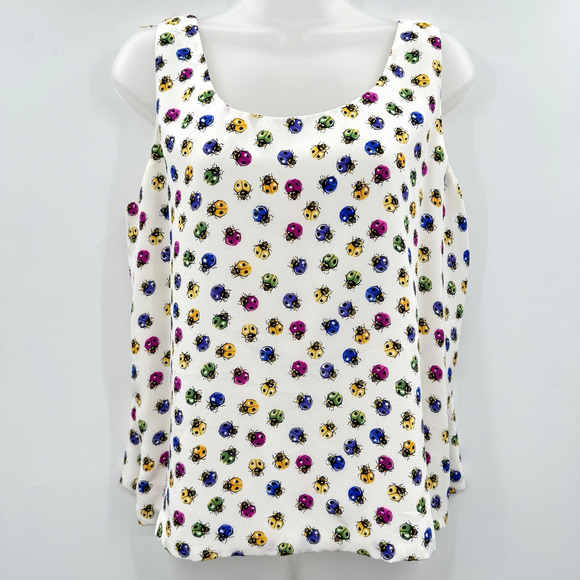 Ann May 100% Silk Ladybug Print Tank Shell Sz L White Multi Novelty Fun Colorful - Picture 1 of 9